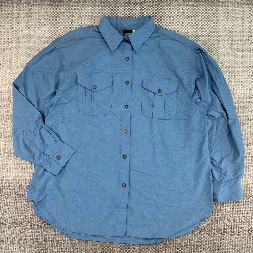 The North Face Button Up Shirt Womens Large Blue Hiking Long Sleeve Utility
